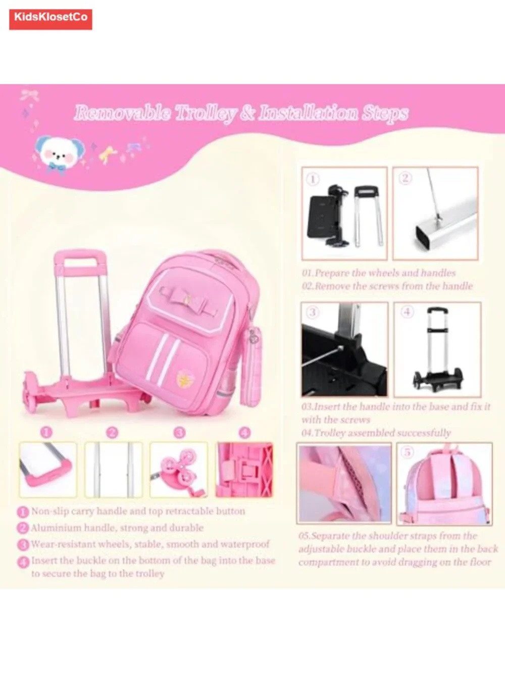 Rolling Backpack for Girls Kids Wheeled Bookbag with Lunch Bag Trolley School